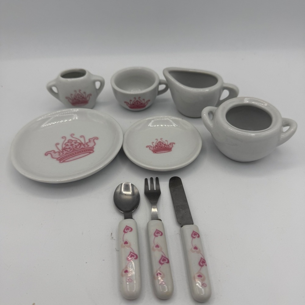 Vintage Porcelain Tea Set‎ Child Size Pink Crown Dishes Utensils